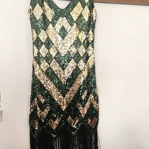 Green and Gold Sleeveless Fringe Hem Sequin Dress Size L NWOT